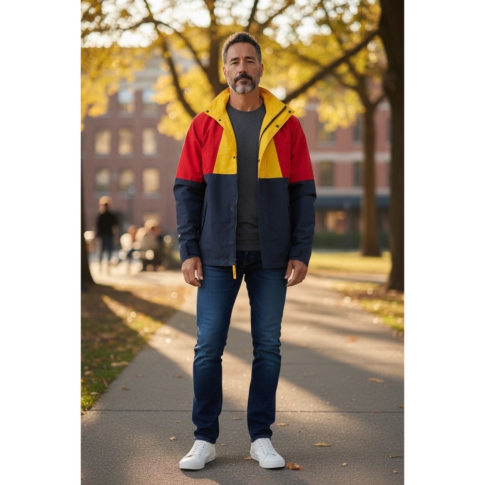 Old Navy Mens Colorblock Water-Resistant Jacket Red Yellow Navy Blue M Tall